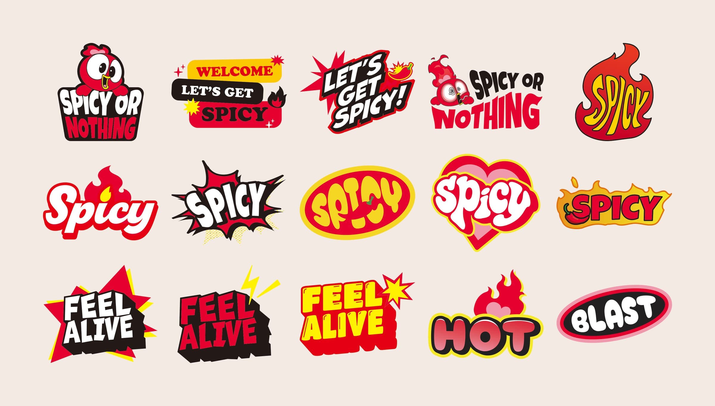 Peppo word emblems — Spicy, Feel Alive, Hot