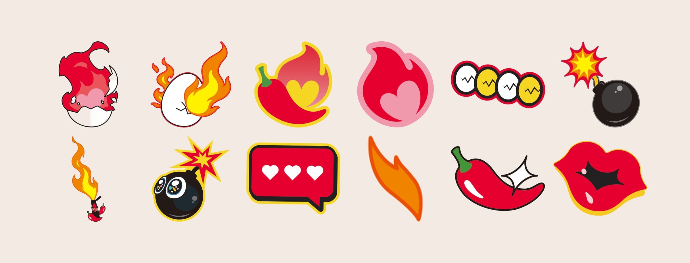 Peppo icons — flames, chilli, eggshell, lips