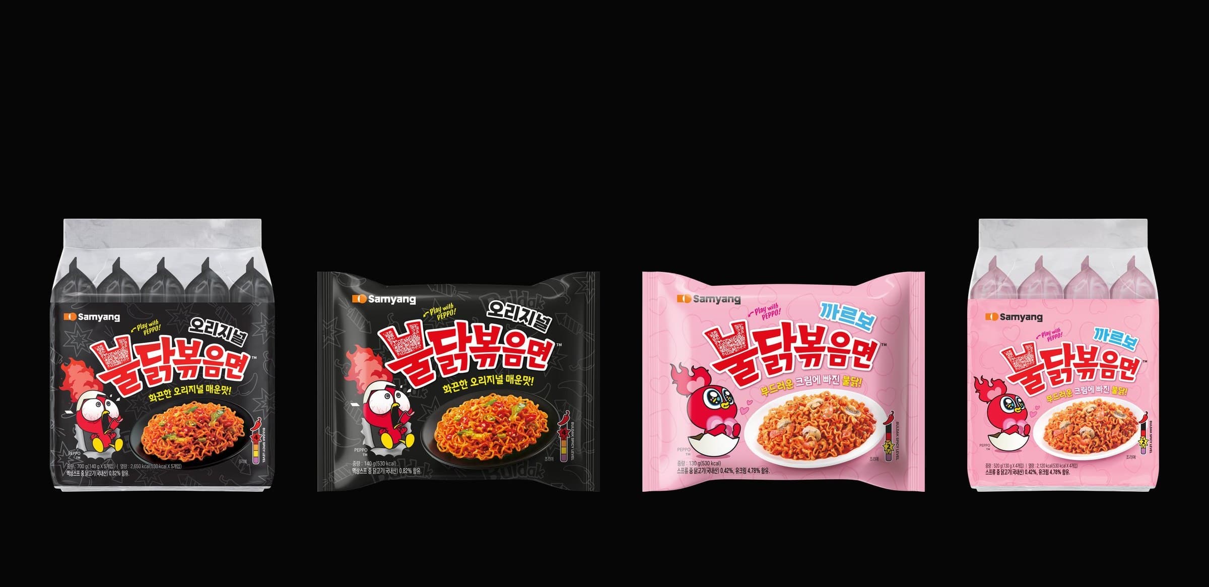 Peppo packaging — Buldak original and carbo, single packs and multipacks
