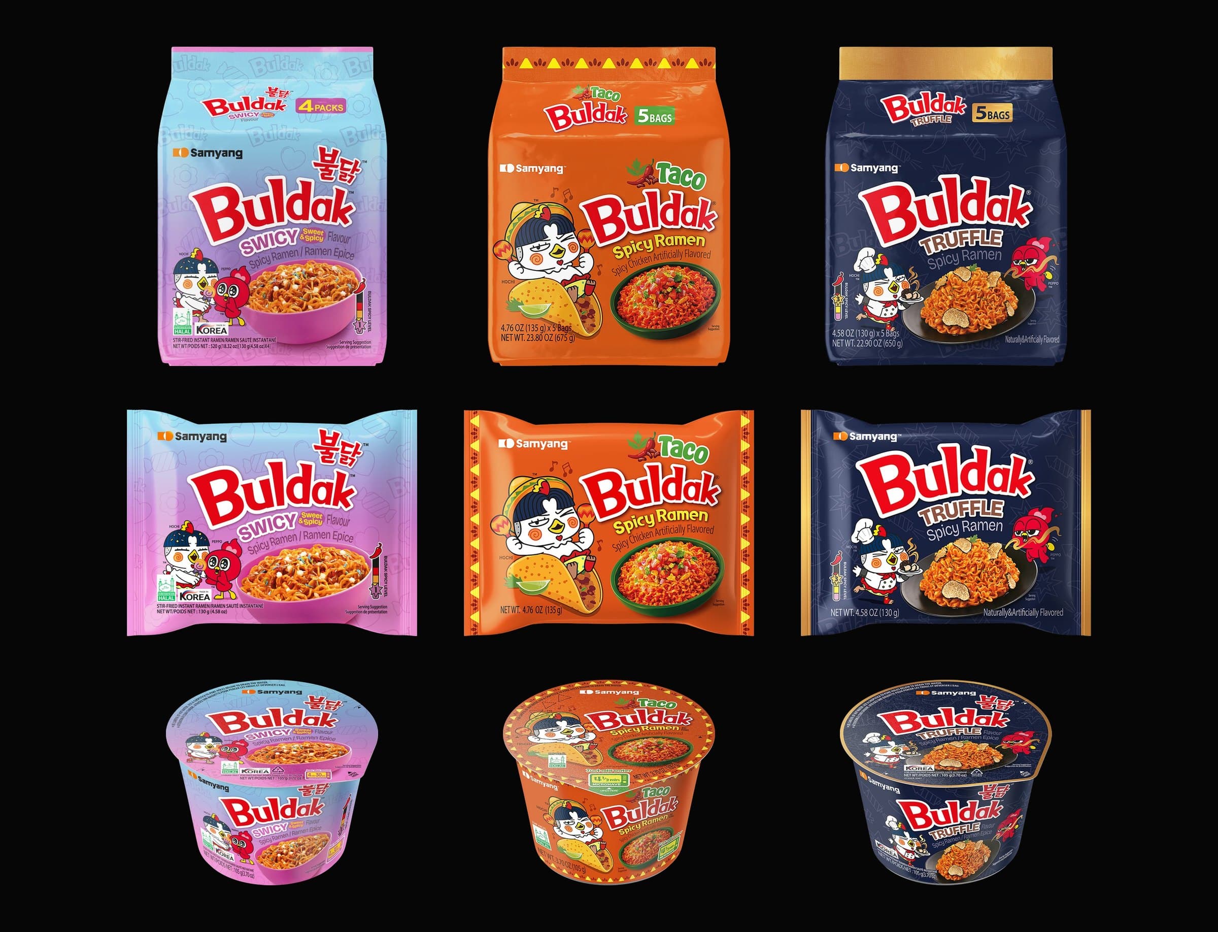 Buldak flavor extension — Swicy, Taco and Truffle in multipack, single pack and big cup